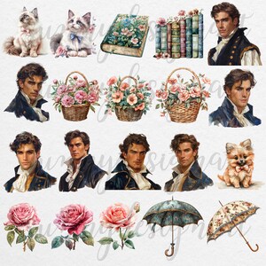 May include: A digital collage of images featuring a man in a blue jacket, a cat, a basket of pink flowers, a book, a stack of books, a dog, and an umbrella.
