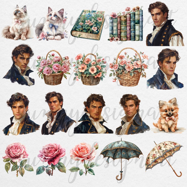 May include: A digital collage of images featuring a man in a blue jacket, a cat, a basket of pink flowers, a book, a stack of books, a dog, and an umbrella.