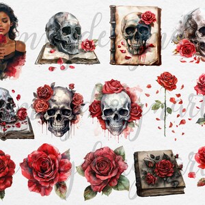 May include: A digital illustration set featuring watercolor-style skulls and roses. The set includes a skull with a book, a skull with roses, a skull with a book and roses, a skull with blood dripping, and a skull with roses and petals. The set also includes a woman with a rose, a rose with petals, and a rose with thorns.