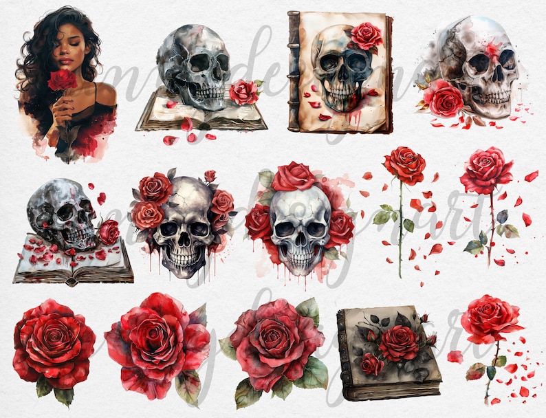 May include: A digital illustration set featuring watercolor-style skulls and roses. The set includes a skull with a book, a skull with roses, a skull with a book and roses, a skull with blood dripping, and a skull with roses and petals. The set also includes a woman with a rose, a rose with petals, and a rose with thorns.