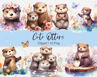 Imágenes prediseñadas de una familia de nutrias: Animales del bosque en acuarela PNG para decoración infantil (descarga digital)