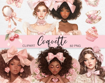Coquette Clipart: Watercolor Pink Ribbon Bow PNG, Vintage Girl Cottagecore Illustrations