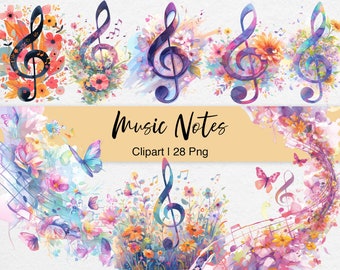 Peut inclure: Un ensemble de 28 images clipart numériques représentant des illustrations à l'aquarelle de clés de sol, de notes de musique, de papillons et de fleurs. Les images sont dans des tons de rose, bleu, violet et jaune.