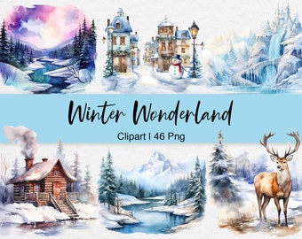 Watercolor Winter Wonderland Clipart: Christmas City PNGs (Commercial Use)