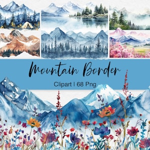Berglandschap clipart, bergrand bundel png, aquarel natuur, mistig bos, riviermeer, wilde bloemen, camping, digitale download