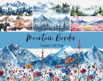 Watercolor Mountain Landscape Clipart: Foggy Forest, Wildflowers (Digital Download)