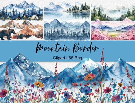 Watercolor Mountain Landscape Clipart: Foggy Forest, Wildflowers (Digital Download)