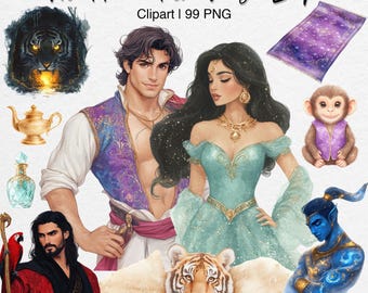 Pode incluir: Uma ilustração digital de Aladdin e Jasmine do filme da Disney Aladdin. A imagem inclui um tigre, um macaco, uma lâmpada mágica, um gênio e um tapete mágico. A imagem está em estilo de desenho animado e é perfeita para usar em uma variedade de projetos.