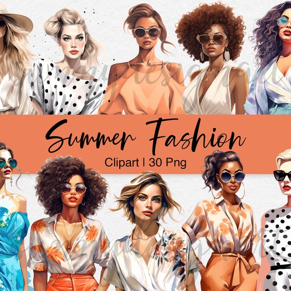 Fashion Girl Clipart, Summer Clipart, Black girl clipart, Mujer de negocios de vacaciones, Lady Boss Clipart, Mujer PNG, Acuarela Clip art