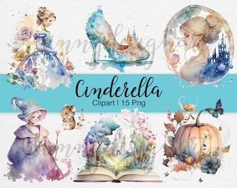Watercolor Cinderella Clipart: Princess Castle, Fairytale Book (15 PNG) Commercial Use