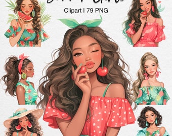 Summer Girls Clipart: Watercolor Fashion Woman PNG Graphics Digital Stickers