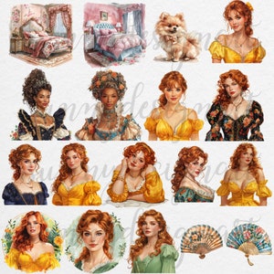 May include: A digital collage of illustrations featuring women in various poses and outfits, including a woman in a yellow dress, a woman in a blue dress, a woman in a green dress, and a woman in a floral dress. There are also illustrations of a bedroom, a dog, and two fans.