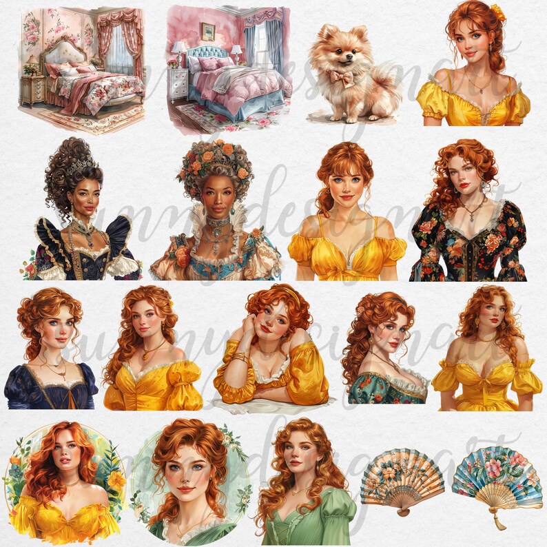 May include: A digital collage of illustrations featuring women in various poses and outfits, including a woman in a yellow dress, a woman in a blue dress, a woman in a green dress, and a woman in a floral dress. There are also illustrations of a bedroom, a dog, and two fans.