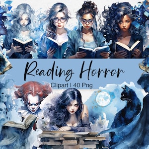 Watercolor Halloween Horror Book Clipart: Bookworm Reading (40 PNG) (Digital Download)