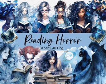 Watercolor Halloween Horror Book Clipart: Bookworm Reading (40 PNG) (Digital Download)
