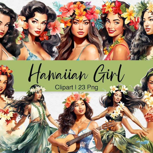 Hawaiian Girl Clipart, Hula Pin Up Girls, Fashion Girl Clipart, Watercolor Clipart, Tropical Clipart, Beach Clipart, Digital, Commercial Use