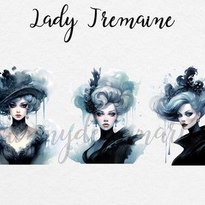 May include: Three watercolor illustrations of women with blue hair and black clothing. The women are wearing different hats and have different expressions. The background is a light blue watercolor wash.