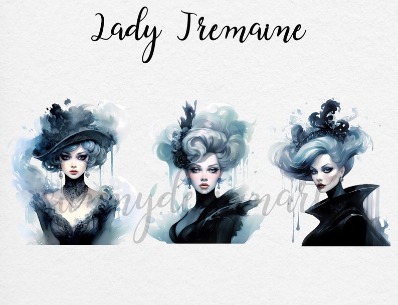 May include: Three watercolor illustrations of women with blue hair and black clothing. The women are wearing different hats and have different expressions. The background is a light blue watercolor wash.