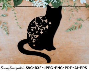 Cat Black Silhouette SVG PNG Floral, paper cut template, Vector Cat clipart eps, Instant download, Flower SVG, cat cut file, dxf,  Cricut