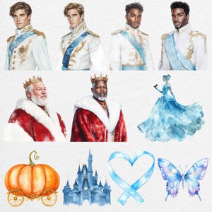 Watercolor clipart of Prince in blue attire, King, castle, butterfly png.