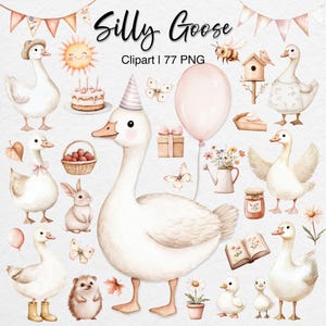 Clipart d'oie idiote printemps Cottagecore lunatique mignon aquarelle PNG fête d'anniversaire baby shower ferme pépinière fleurs sauvages ballons