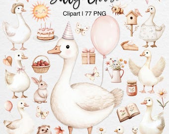 Silly Goose Clipart: Whimsical Spring Cottagecore PNG, Birthday Baby Shower Farm Animals