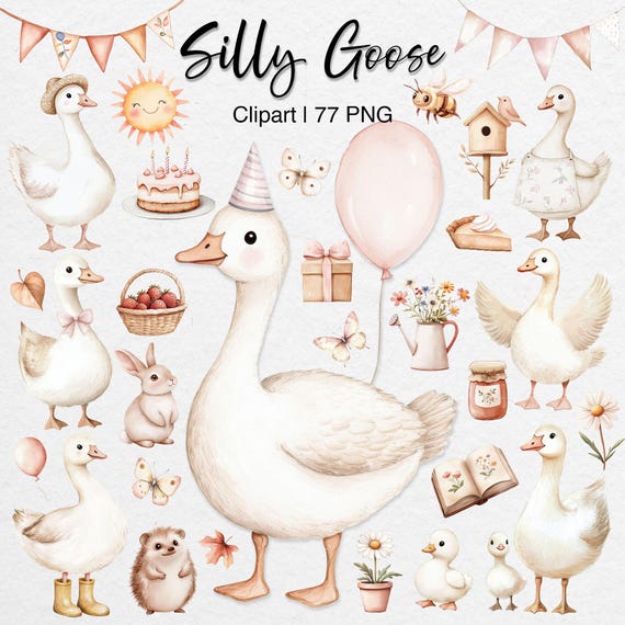 Silly Goose Clipart: Whimsical Spring Cottagecore PNG, Birthday Baby Shower Farm Animals