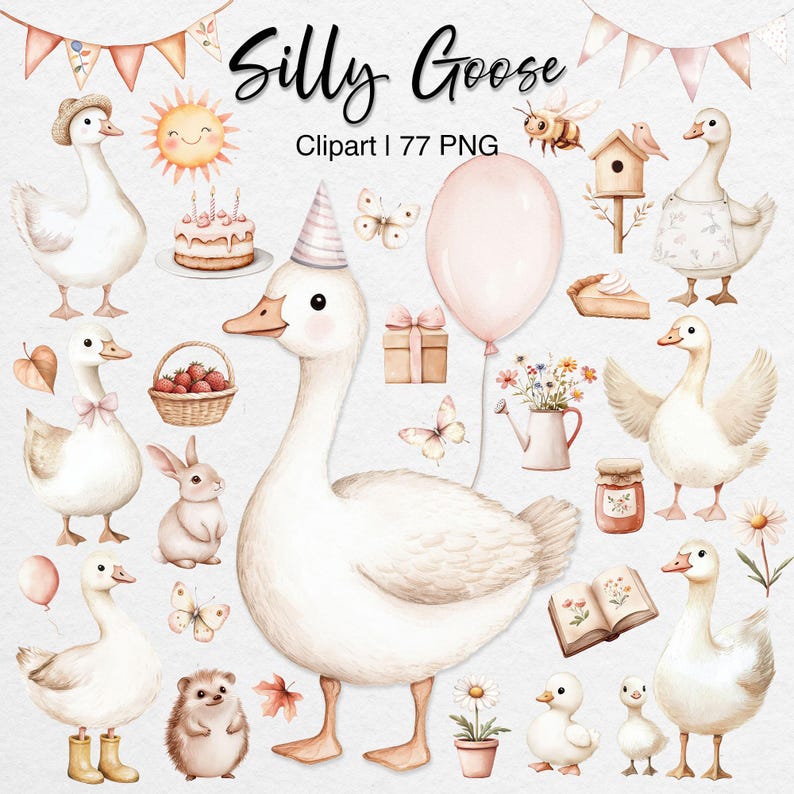 Puede incluir: Un conjunto de ilustraciones de acuarela con un tema de fiesta de cumplea&ntilde;os con una oca con un gorro de fiesta, un pastel, un regalo, una regadera, flores y otros detalles lindos. El texto "Silly Goose" y "Clipart | 77 PNG" est&aacute; incluido en la imagen.