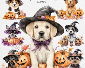 May include: A digital illustration of a collection of Halloween-themed dogs. The dogs are wearing witch hats and are surrounded by pumpkins and other Halloween decorations. The text "Halloween Dog 24 PNG" is at the top of the image.