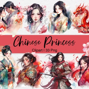 Clipart ispirato a Mulan / Clipart principessa cinese / PNG principessa asiatica / PNG Mulan / Clipart drago / Clipart acquerello / Uso commerciale