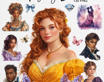 Regency Era Clipart: Watercolor Romantic Victorian Girls PNG, Rococo Vintage Lady Art