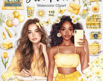 Clipart de planificador amarillo mantequilla: pegatinas de chica en acuarela, PNG floral estilo cottagecore para diarios basura