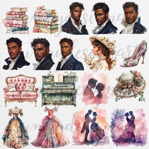 May include: A digital collage of vintage-inspired illustrations featuring a couple, a piano, a sofa, a hat, a shoe, a dress, and books. The illustrations are in a watercolour style with soft colours and delicate details.