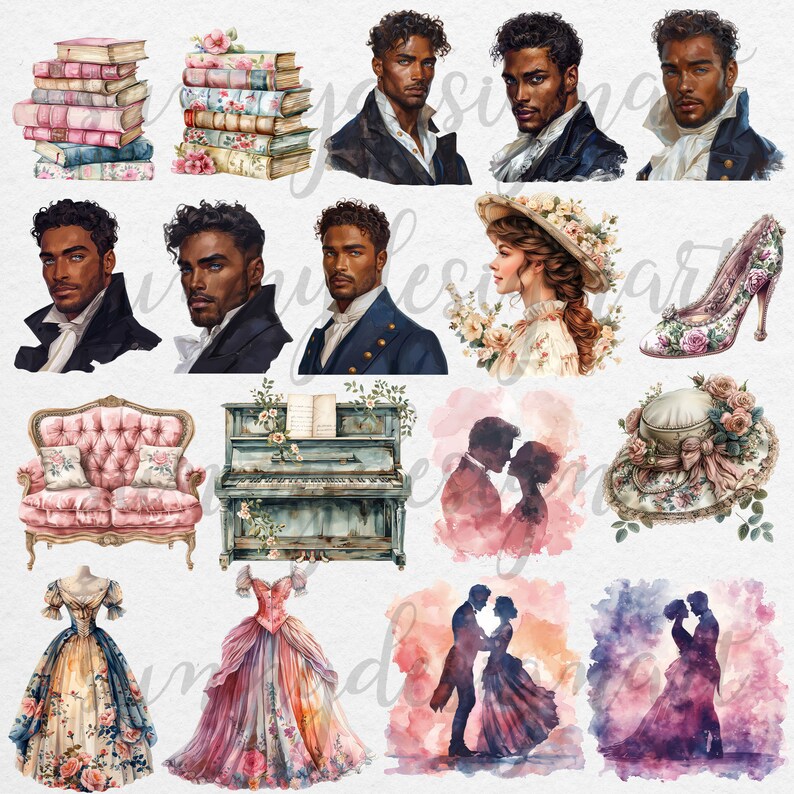 May include: A digital collage of vintage-inspired illustrations featuring a couple, a piano, a sofa, a hat, a shoe, a dress, and books. The illustrations are in a watercolour style with soft colours and delicate details.