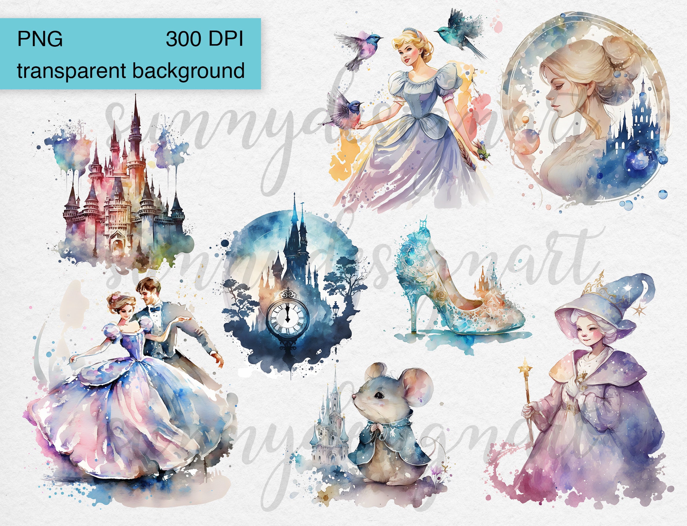 Watercolor Cinderella Clipart: Princess Castle, Fairytale Book (15 PNG ...