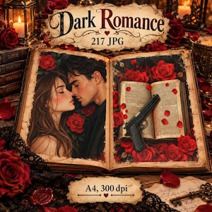 Può includere: Un libro aperto con l'illustrazione di una coppia con rose rosse sulla pagina sinistra e una pistola nera su una pagina di libro aperta circondata da rose rosse sulla destra. Il testo Dark Romance 217 JPG e A4, 300 dpi è visibile.