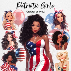 4 de julio Clipart, Chicas Patrióticas, Mujer Afroamericana PNG, Ilustración de Moda, Globos 3d, Descarga Digital, Uso Comercial