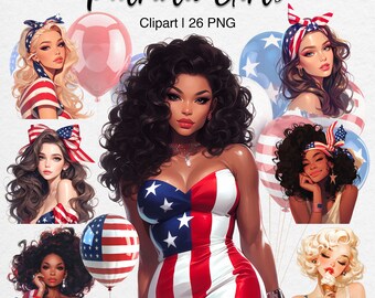 4th of July Clipart: Patriotic Girls PNG, African American Fashion Illustration with Balloons