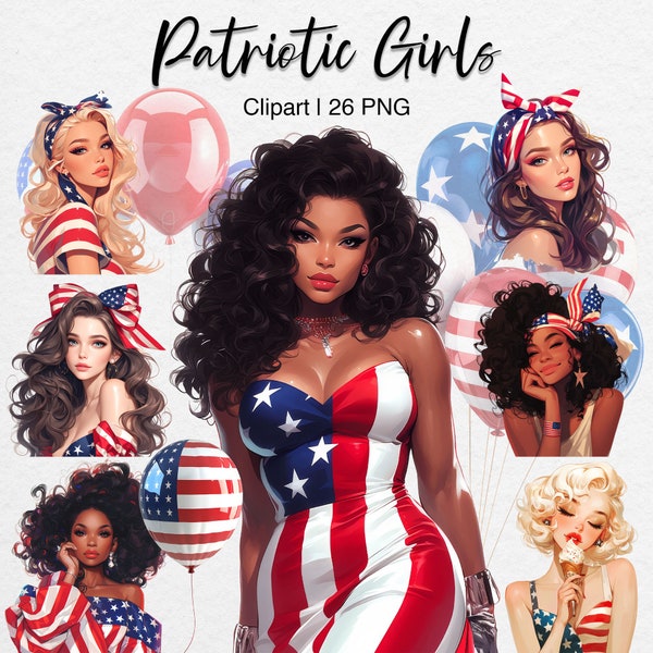 4th of July Clipart, Patriotic Girls, African American Woman PNG, Fashion Illustration, 3d Balloons, Digital Download, Commercial Use