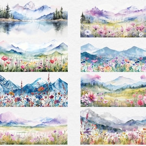 May include: A digital illustration of four watercolor paintings depicting mountain landscapes with wildflowers in the foreground. The mountains are painted in shades of blue, purple, and green, and the wildflowers are in shades of pink, purple, and yellow.
