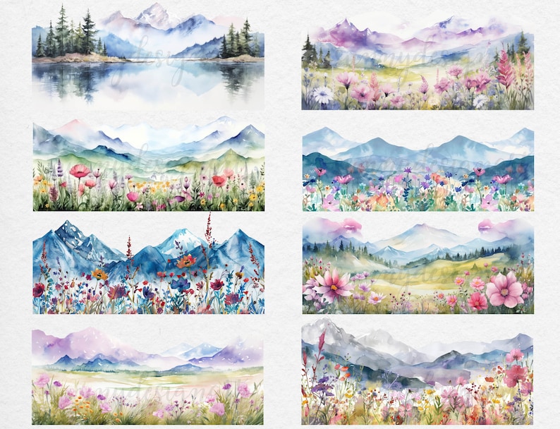 May include: A digital illustration of four watercolor paintings depicting mountain landscapes with wildflowers in the foreground. The mountains are painted in shades of blue, purple, and green, and the wildflowers are in shades of pink, purple, and yellow.
