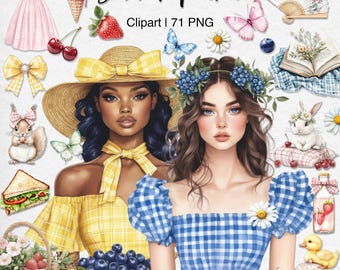 Summer Picnic Clipart: Watercolor Girls with Strawberries, Gingham Dresses, Vintage Picnic PNG