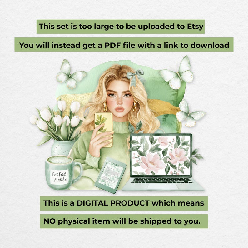 K&ouml;nnte beinhalten: Eine digitale Produkt-Illustration mit einer Frau mit blonden Haaren, die auf einem gr&uuml;n-gelben Hintergrund sitzt. Sie h&auml;lt ein Telefon in der Hand und ein Laptop ist vor ihr ge&ouml;ffnet. Der Laptop-Bildschirm zeigt ein Blumenmuster. Der Text "Dies ist ein DIGITALES PRODUKT, was bedeutet, dass KEIN physischer Artikel an Sie versandt wird." befindet sich am unteren Rand des Bildes.