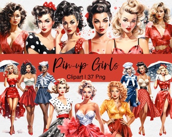 Pin up Girls Clipart, Fashion Girls Clipart, Retro Christmas Clipart, Vintage Clipart, Retro Pin Up, Retro Watercolor Clipart, Black Women