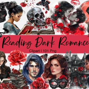 Clipart de lectura de romance oscuro, acuarela estética romántica de ratón de biblioteca, amante de los libros, amante de los libros, chica negra leyendo, gato, ratón, rosa, inquietante