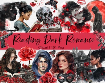 Dark Romance Reading Clipart, Romantic Bookworm Aesthetic Watercolor, Book Lover, Bookish, Black Girl Reading, Cat, Mouse, Rose, Haunting