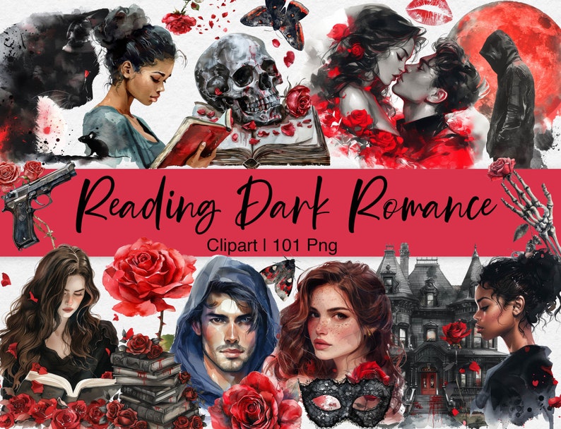 Dark Romance Reading Clipart, Romantic Bookworm Aesthetic Watercolor, Book Lover, Bookish, Black Girl Reading, Cat, Mouse, Rose, Haunting image 1