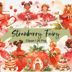 Erdbeere Fee Clipart, Aquarell Clip Art, Feenhaus PNG, Märchen, Pixie, Papiermodelle, Junk Journal, Scrapbooking, kommerzielle Nutzung