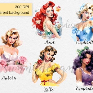 Pin up Princess Clipart, Vintage Clipart, Retro Watercolor Clipart, Pin up Girls Clipart, Pin Up PNG, Vintage Lady PNG, Commercial Use image 2