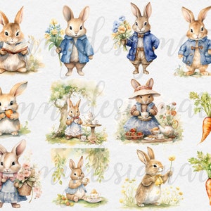 May include: A set of 10 watercolor illustrations featuring cute bunnies in various poses. The bunnies are wearing clothes and holding objects like books, flowers, carrots, and teacups. The illustrations are perfect for adding a touch of whimsy to any project.